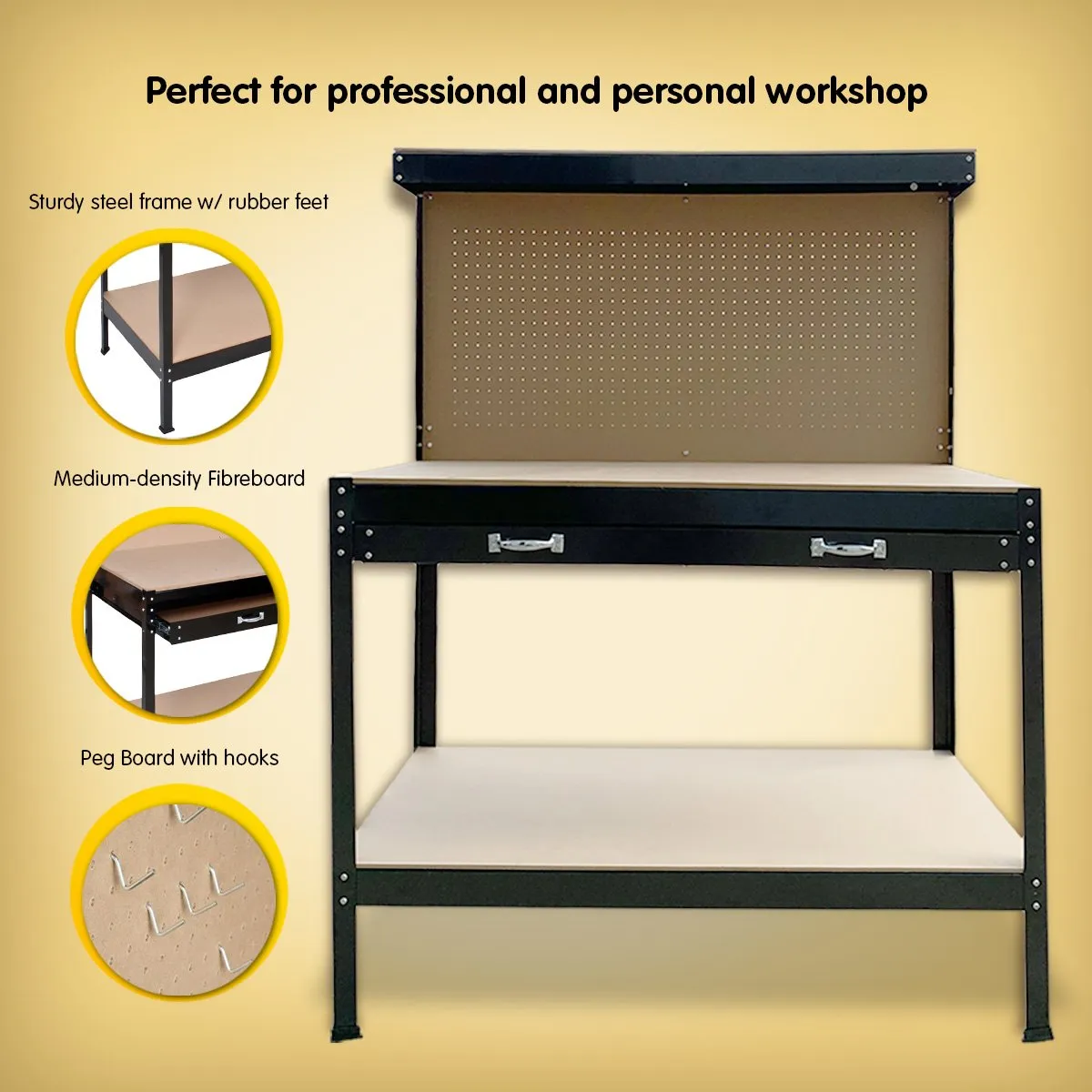 2-layered Steel Work Bench Garage Storage Table Tool Shop Shelf | Pegboard Drawer | KARTRITE