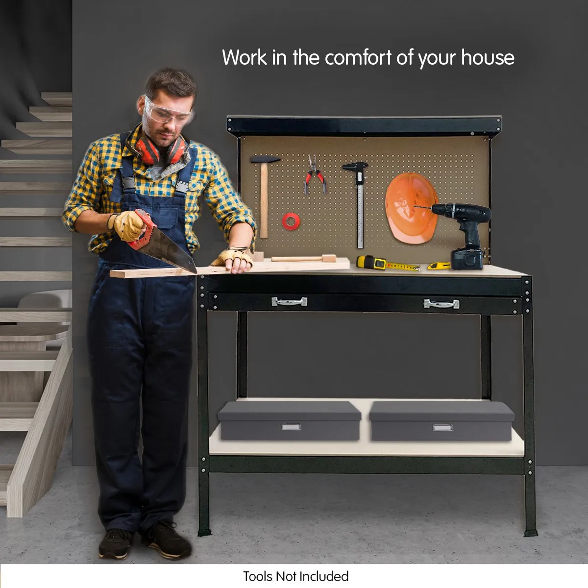 2-layered Steel Work Bench Garage Storage Table Tool Shop Shelf | Pegboard Drawer | KARTRITE