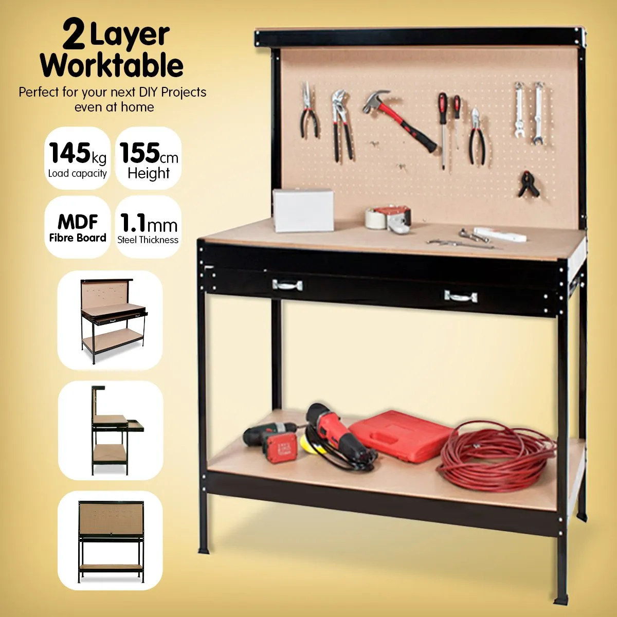 2-layered Steel Work Bench Garage Storage Table Tool Shop Shelf | Pegboard Drawer | KARTRITE