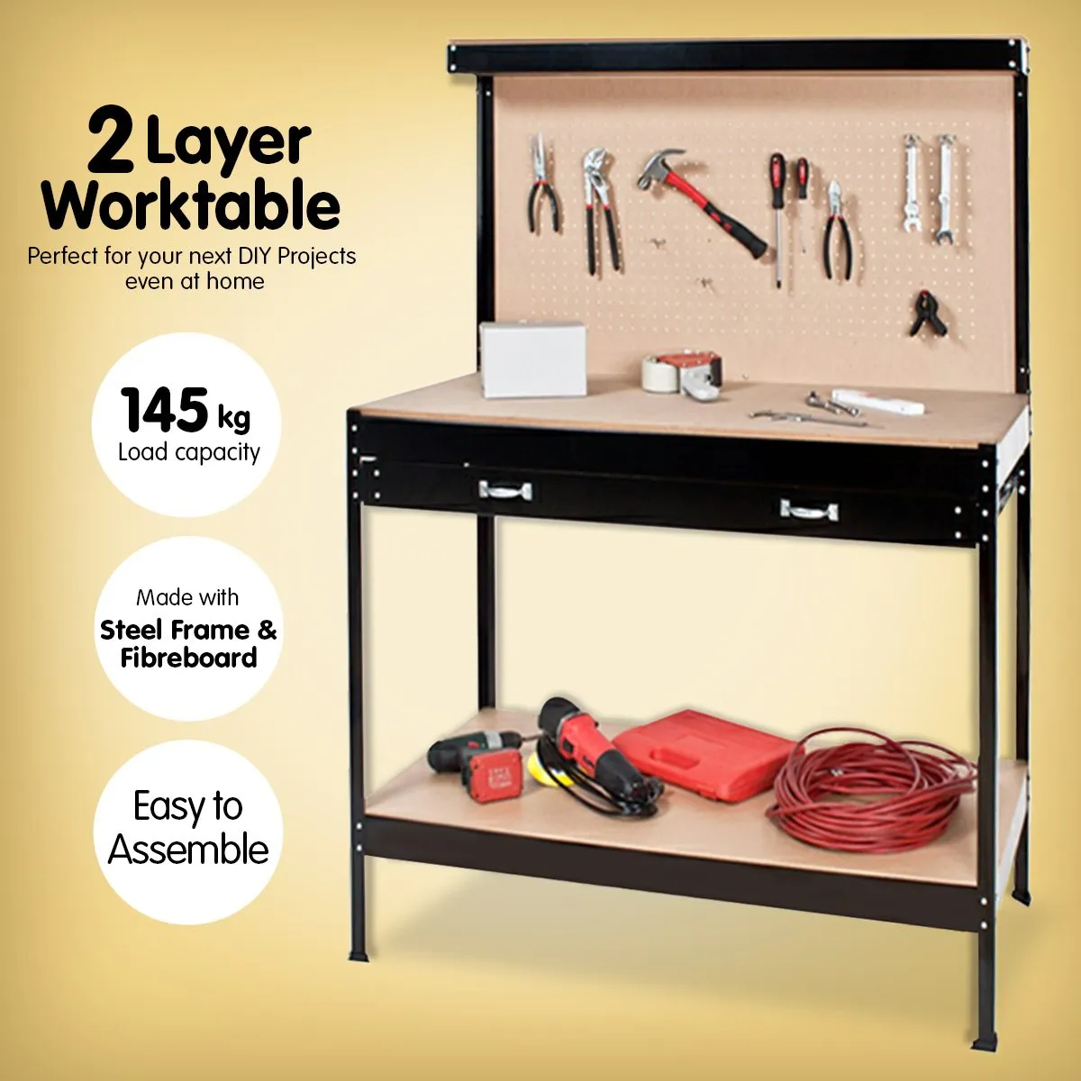 2-layered Steel Work Bench Garage Storage Table Tool Shop Shelf | Pegboard Drawer | KARTRITE