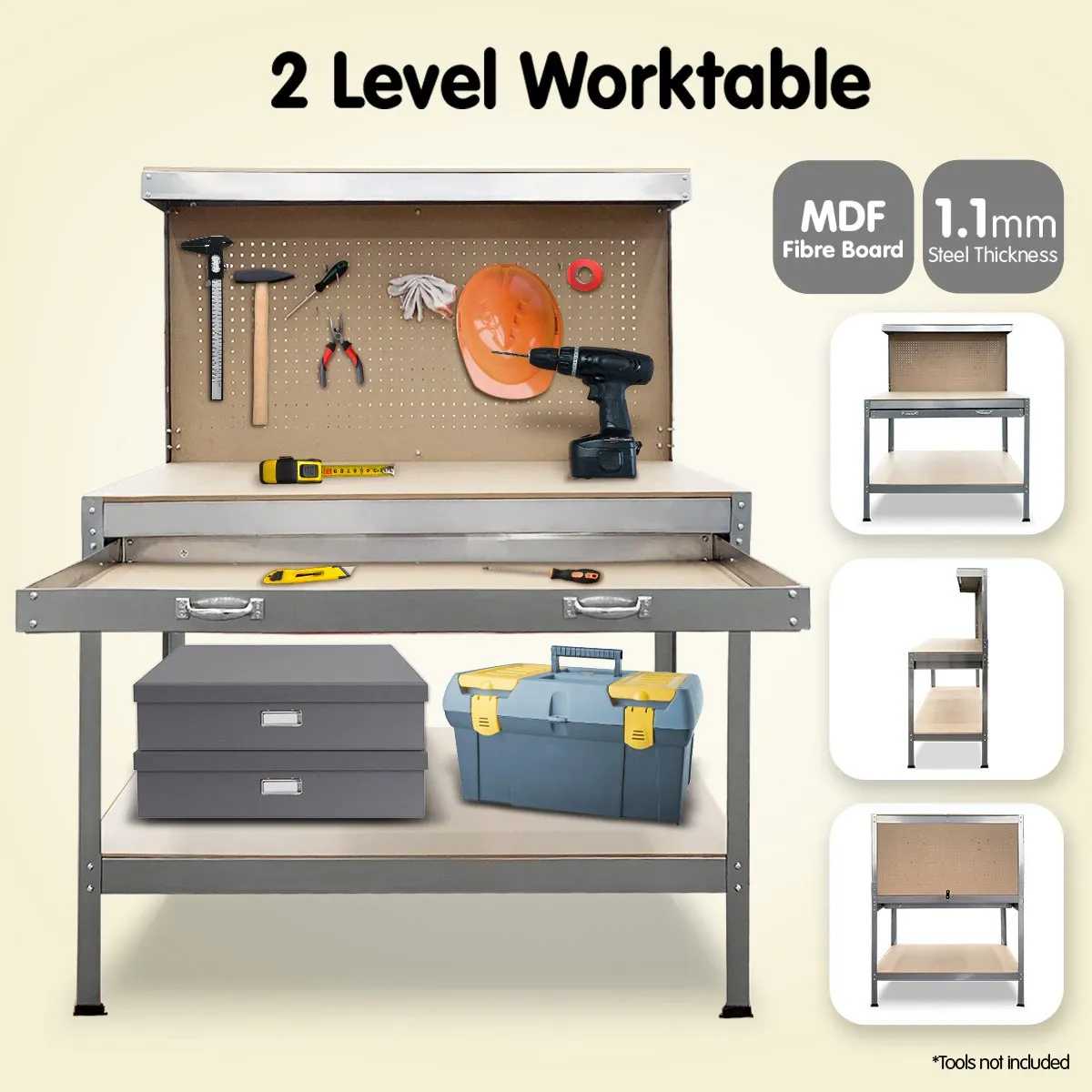 2-Layered Work Bench for Garage Storage | Table Tool Shop Shelf in Silver