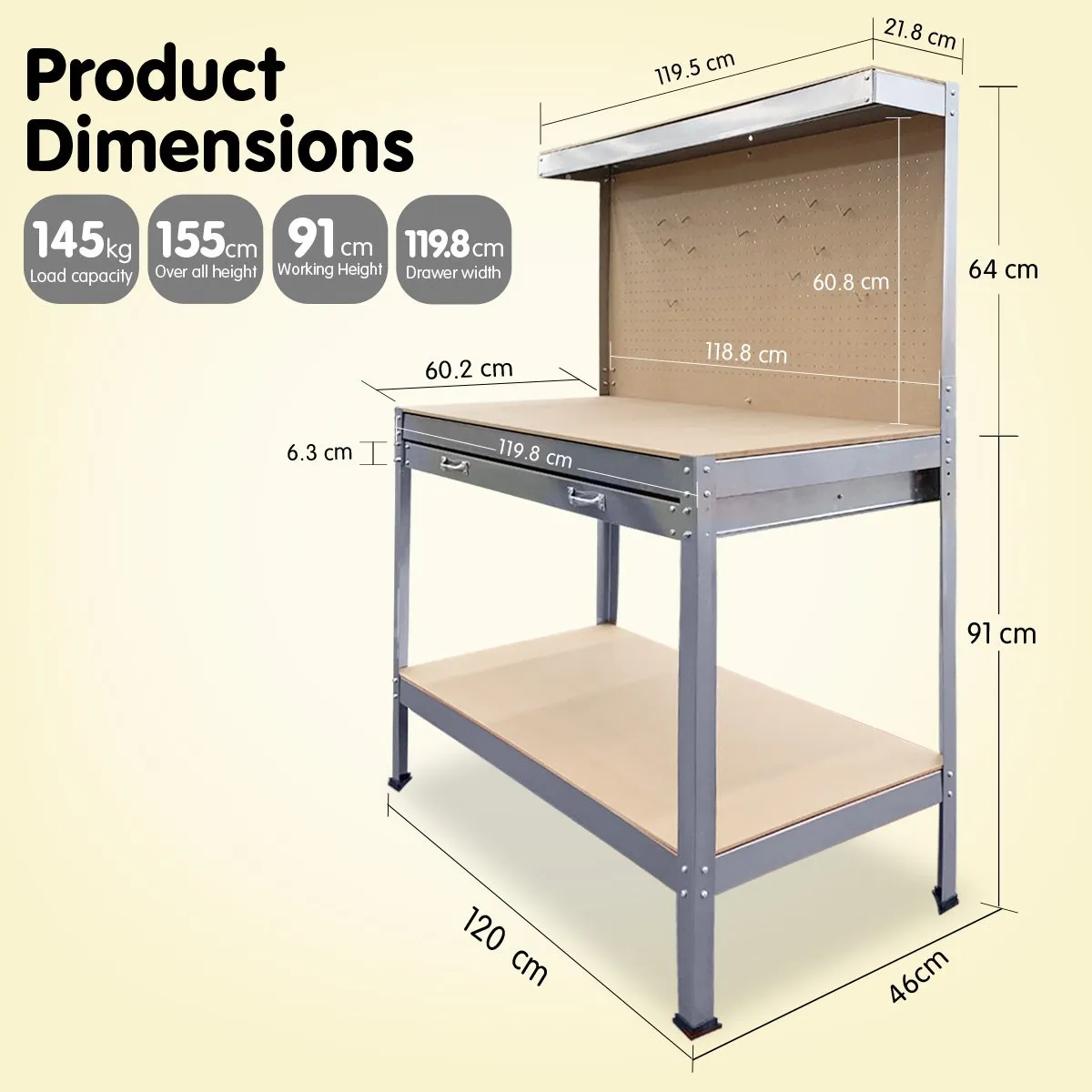 2-Layered Work Bench for Garage Storage | Table Tool Shop Shelf in Silver