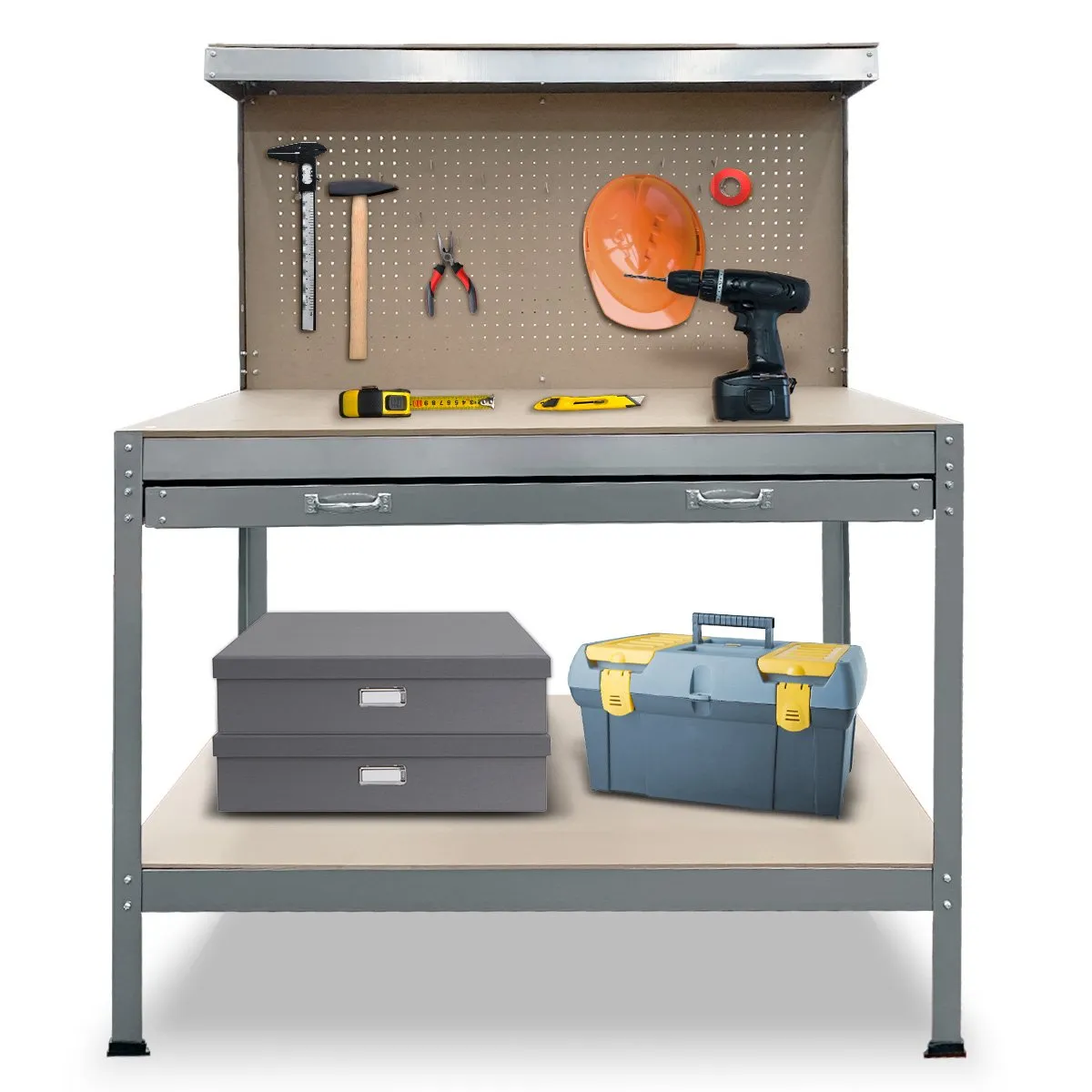 2-Layered Work Bench for Garage Storage | Table Tool Shop Shelf in Silver