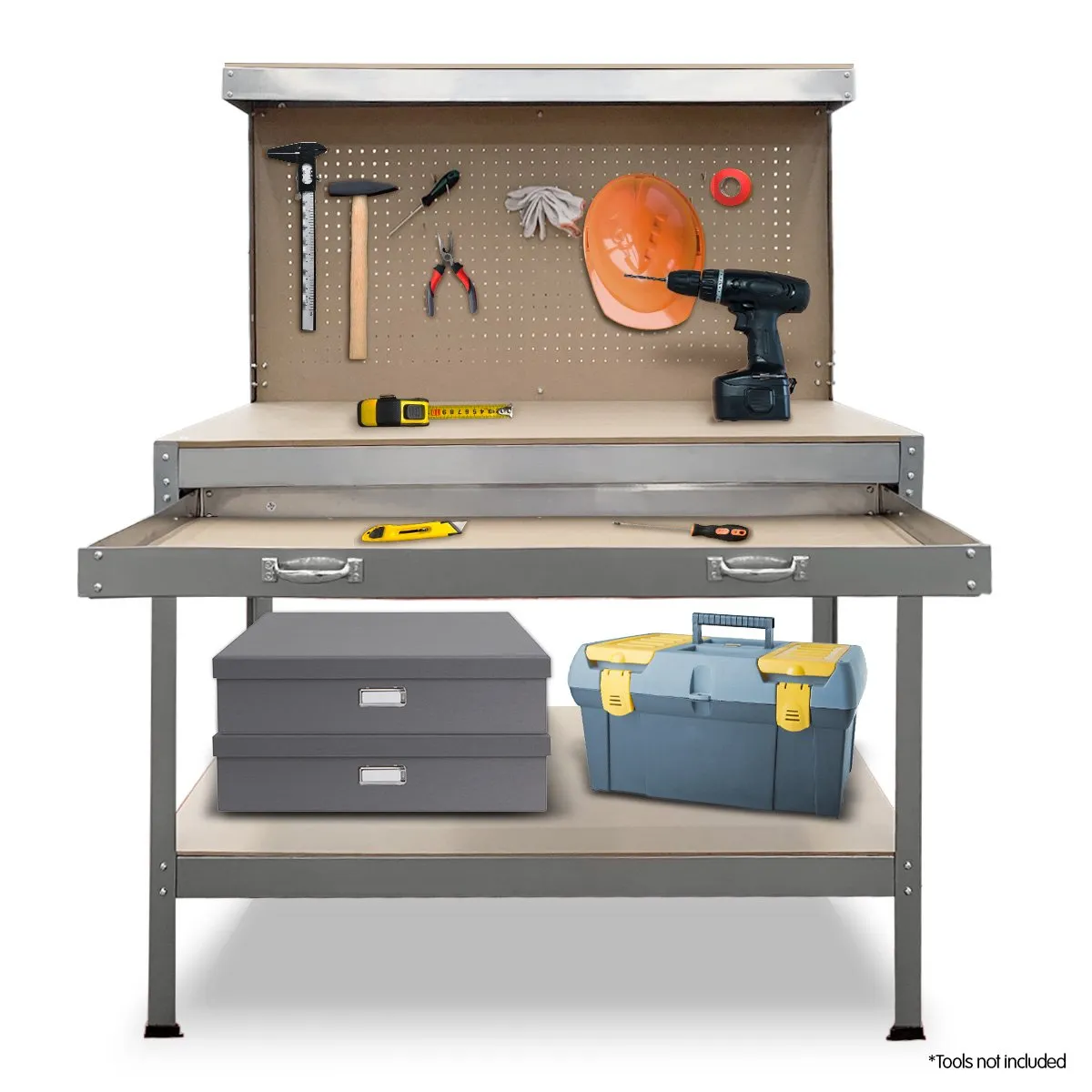 2-Layered Work Bench for Garage Storage | Table Tool Shop Shelf in Silver