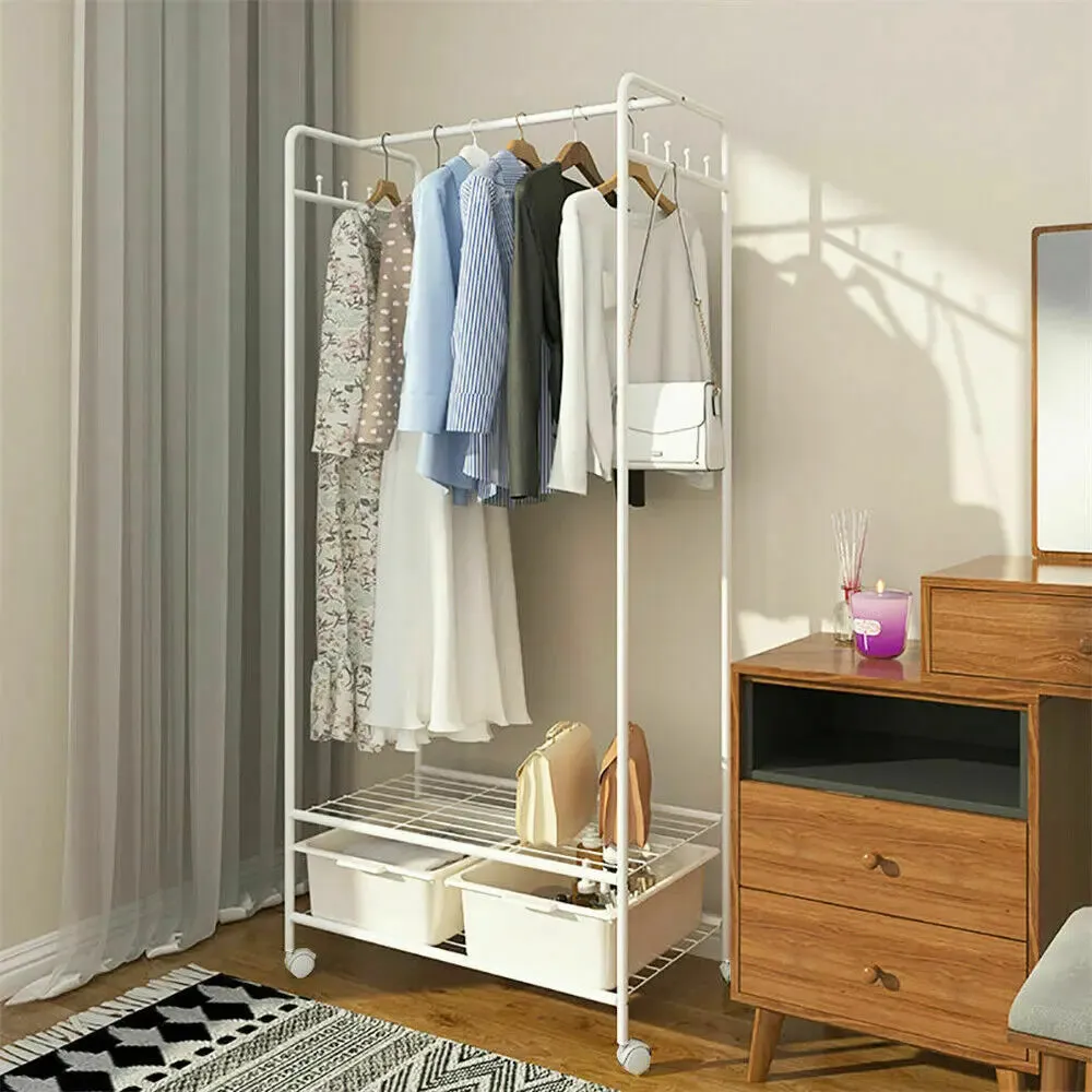 2 Tier Rolling Garment Rack Side Hooks