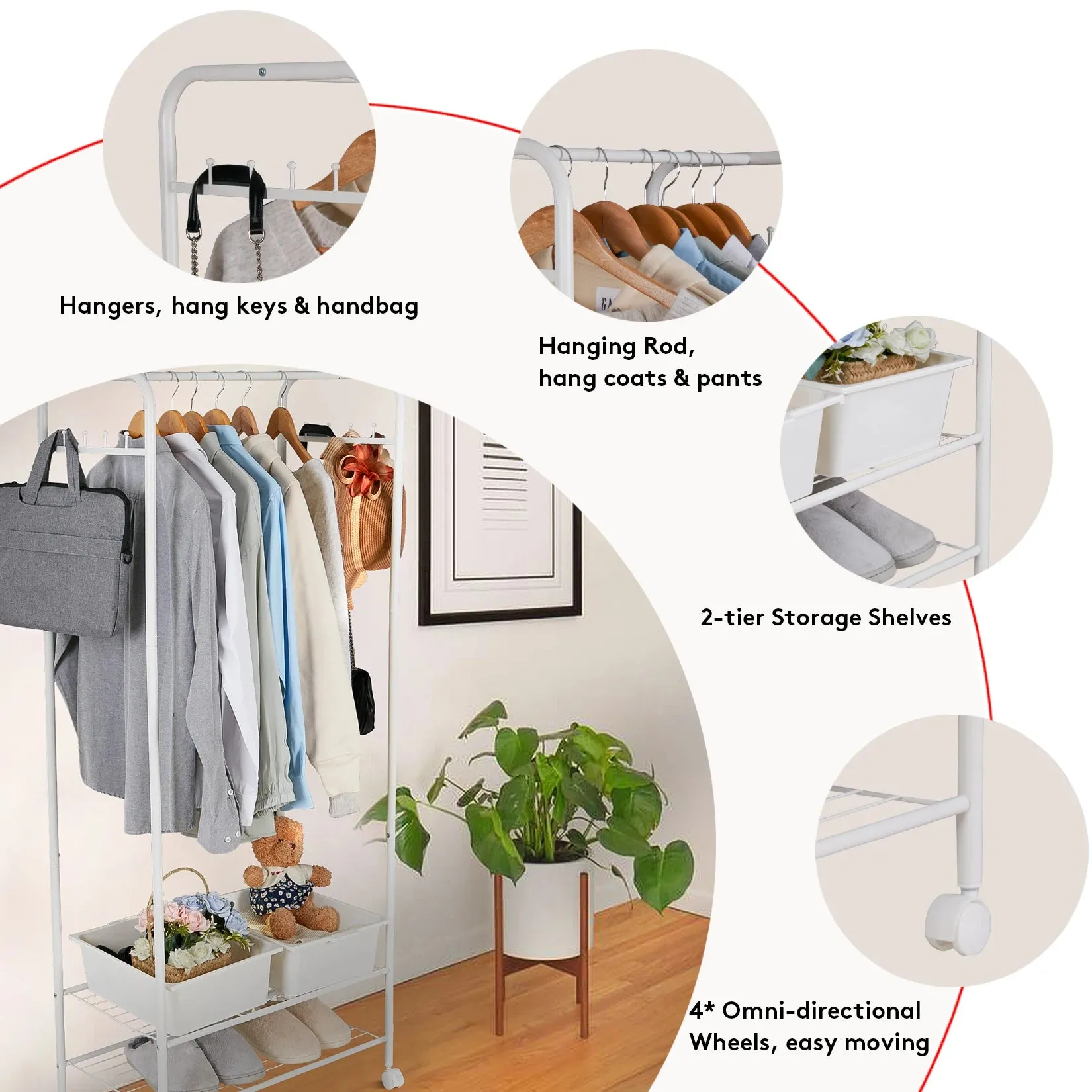 2 Tier Rolling Garment Rack Side Hooks