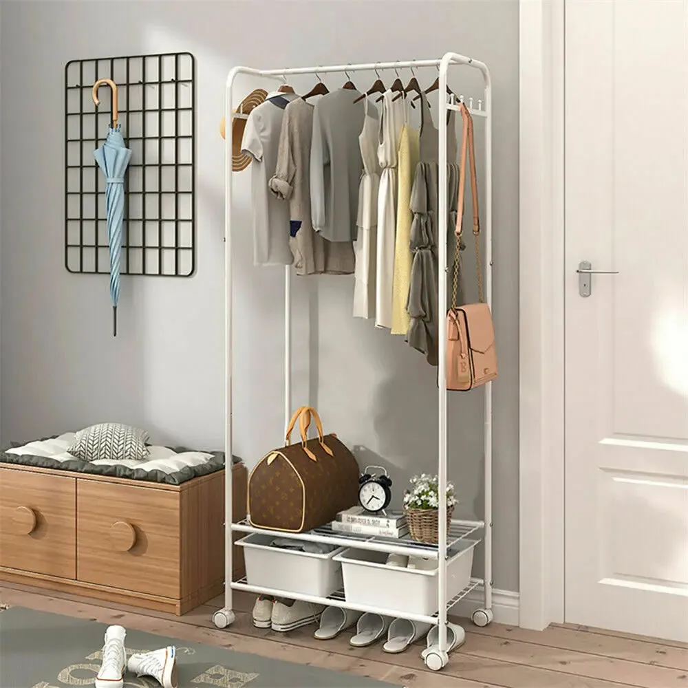 2 Tier Rolling Garment Rack Side Hooks