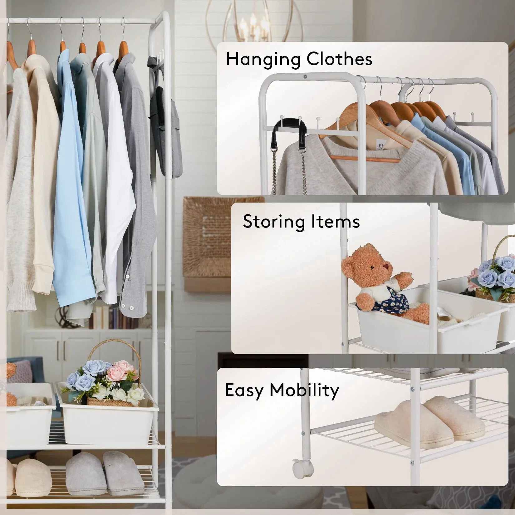 2 Tier Rolling Garment Rack Side Hooks
