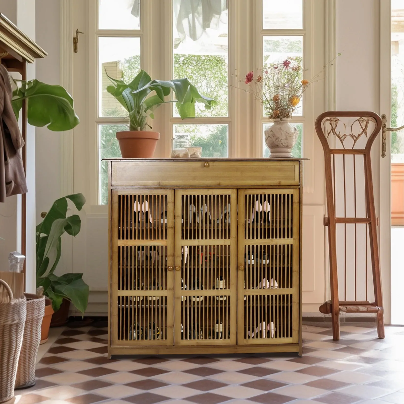 4 Tier Bamboo Shoe Rack 3 Doors