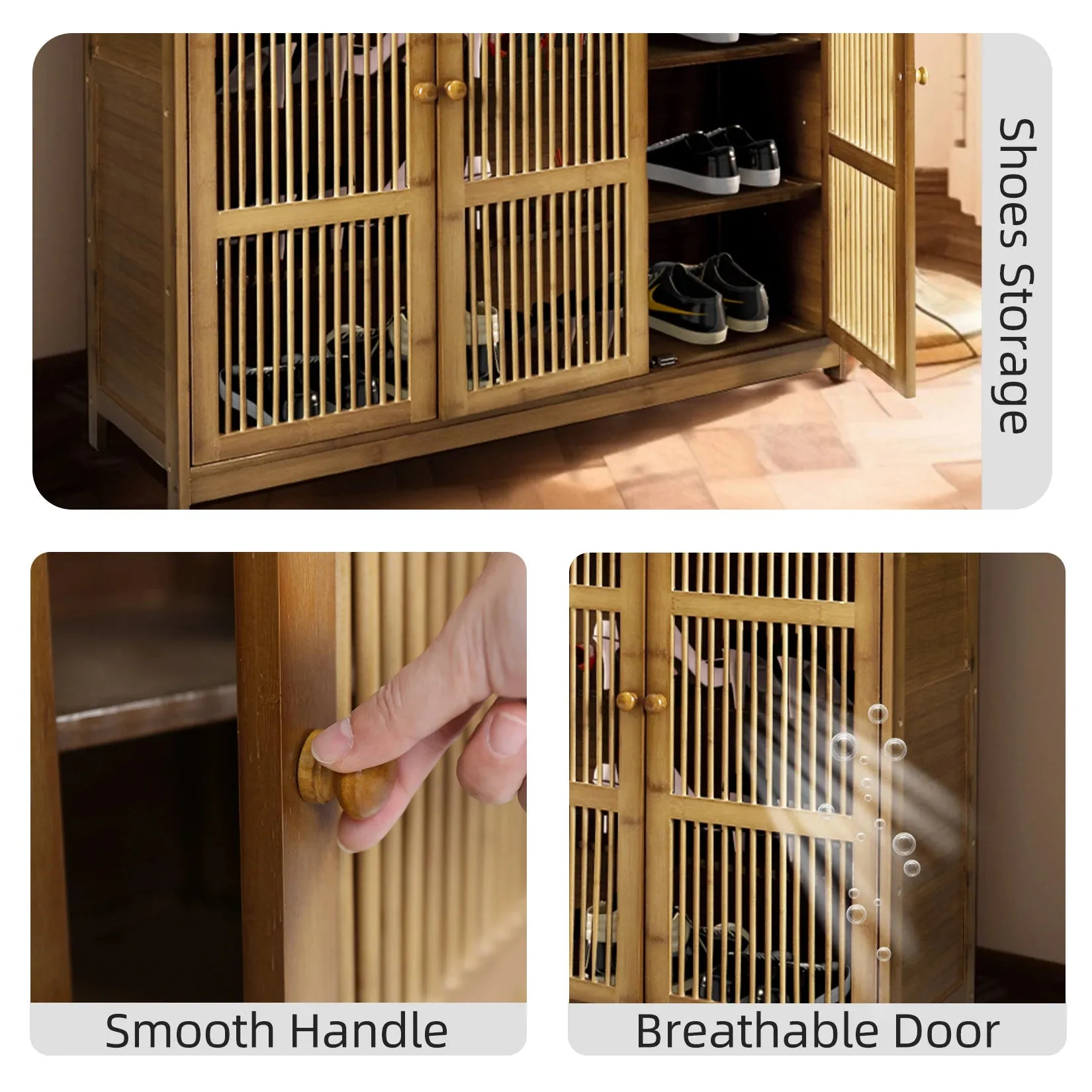 4 Tier Bamboo Shoe Rack 3 Doors