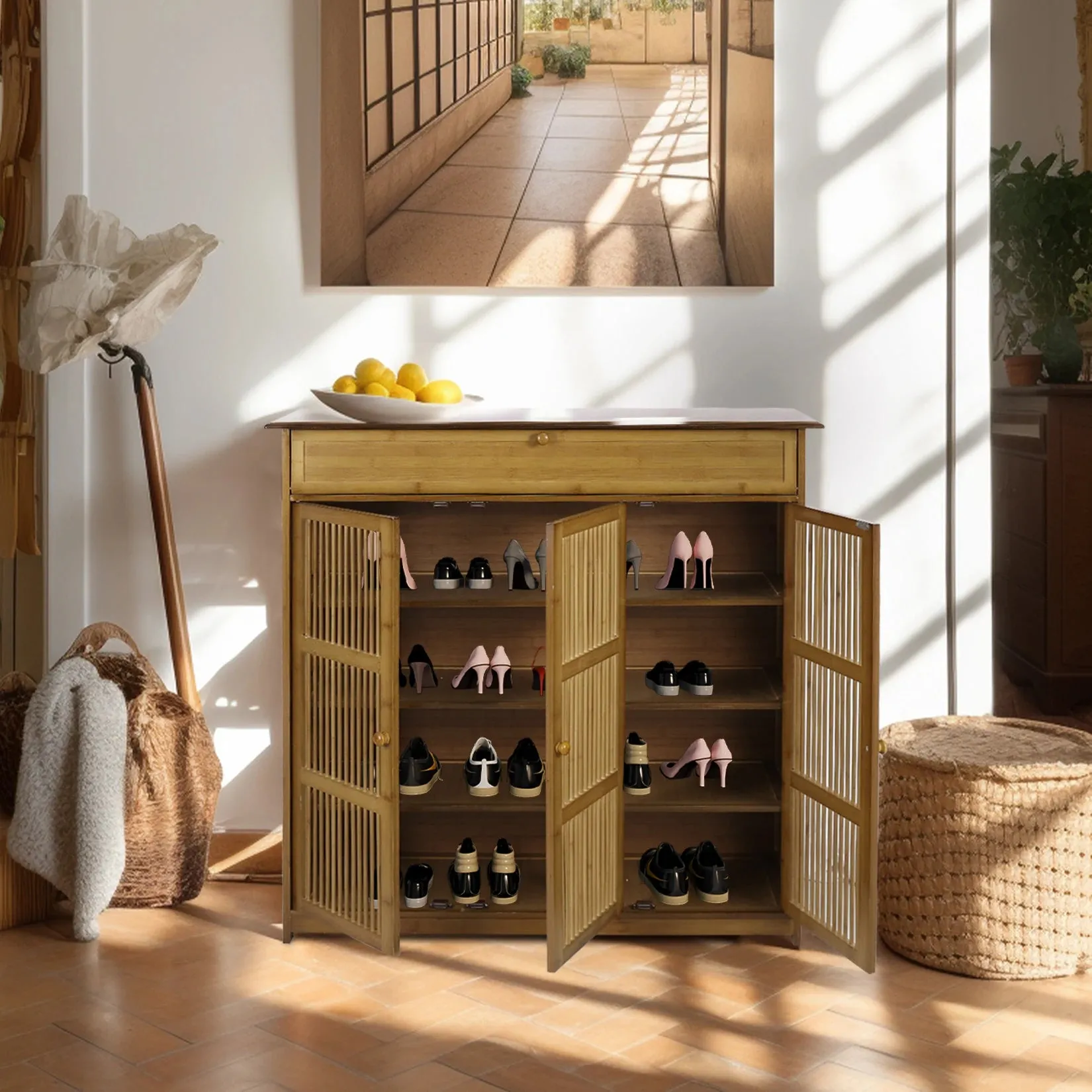 4 Tier Bamboo Shoe Rack 3 Doors