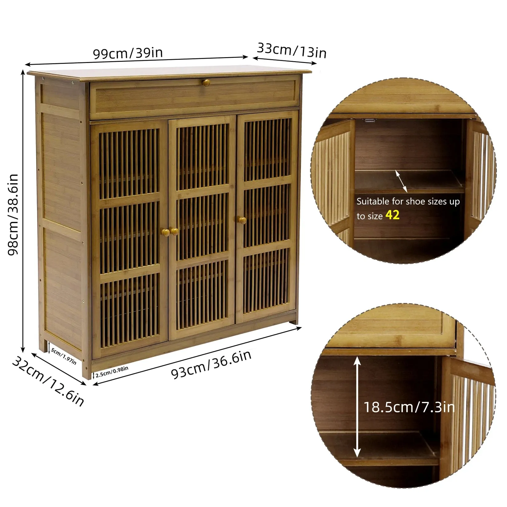 4 Tier Bamboo Shoe Rack 3 Doors