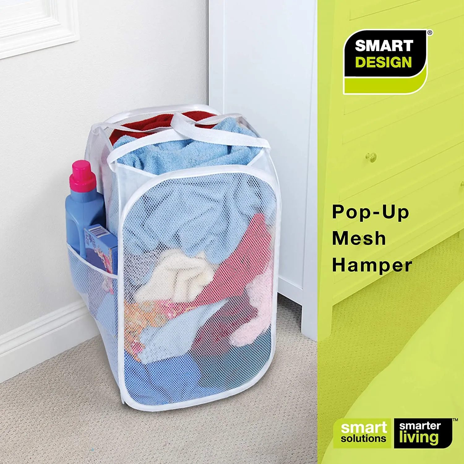 Pop-Up Laundry Hamper with Easy Carry Handles and Side Pocket