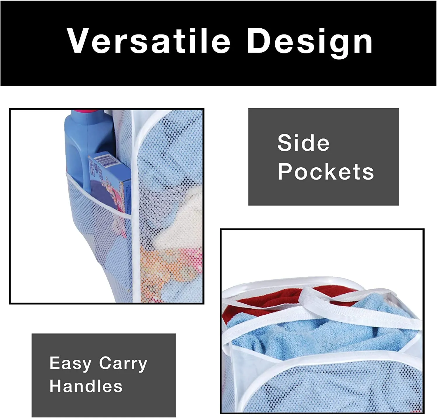Pop-Up Laundry Hamper with Easy Carry Handles and Side Pocket