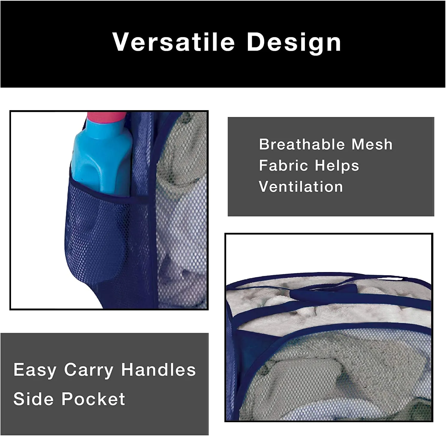 Pop-Up Laundry Hamper with Easy Carry Handles and Side Pocket