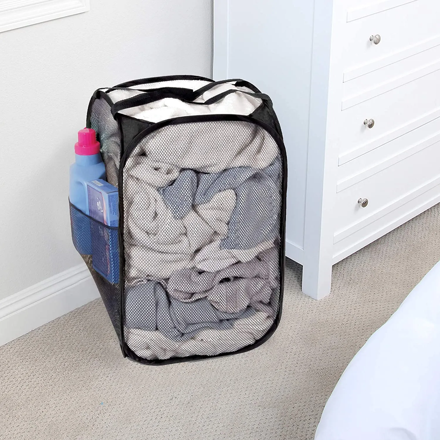 Pop-Up Laundry Hamper with Easy Carry Handles and Side Pocket