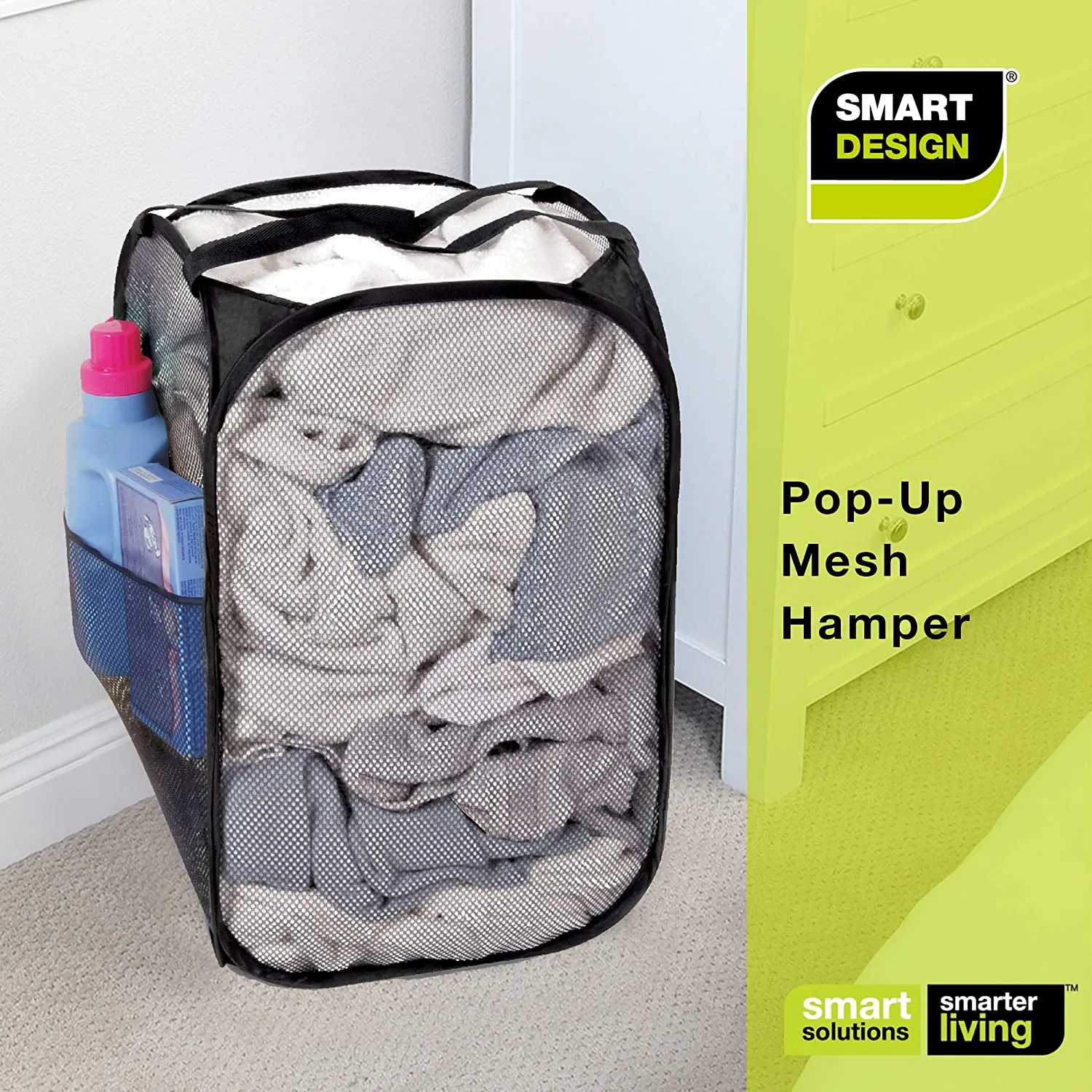 Pop-Up Laundry Hamper with Easy Carry Handles and Side Pocket